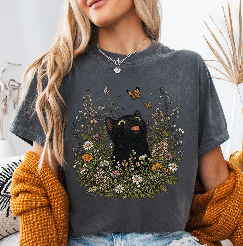 Funny Black Cat Butterfly Wildflower T-Shirt