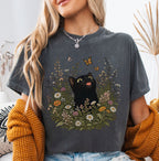 Funny Black Cat Butterfly Wildflower T-Shirt