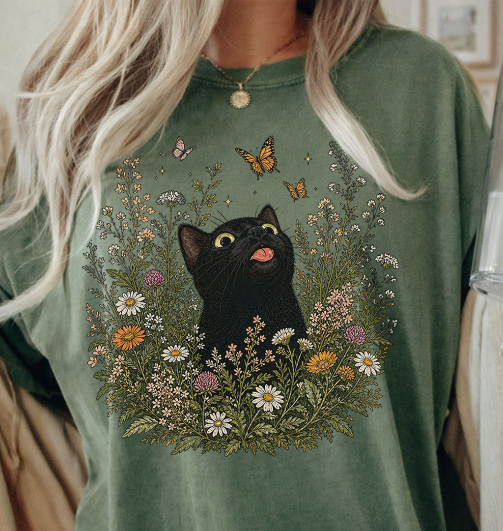Funny Black Cat Butterfly Wildflower T-Shirt