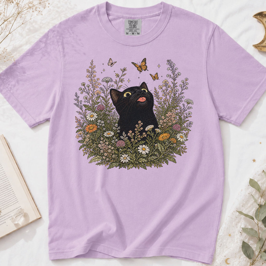 Funny Black Cat Butterfly Wildflower T-Shirt