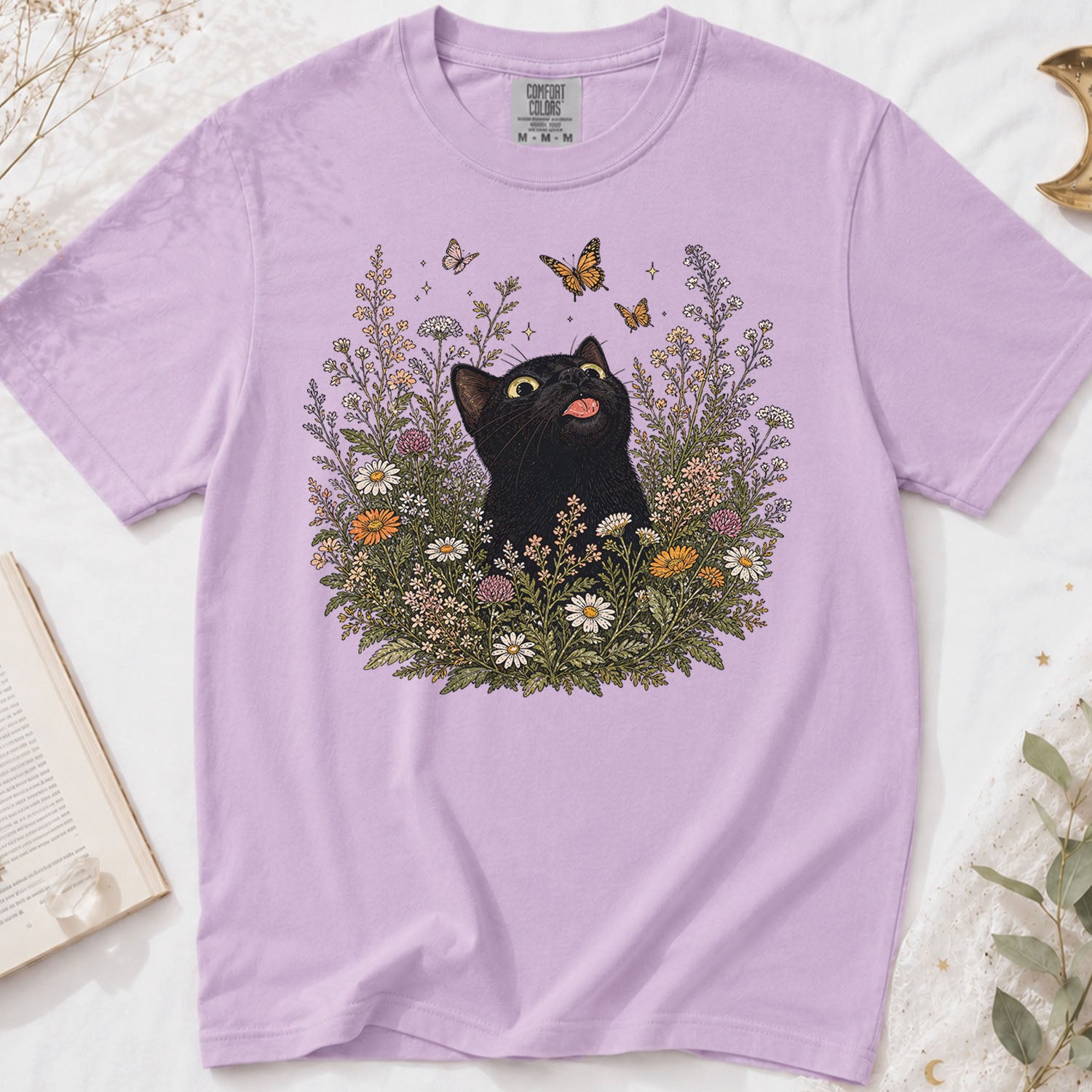 Funny Black Cat Butterfly Wildflower T-Shirt