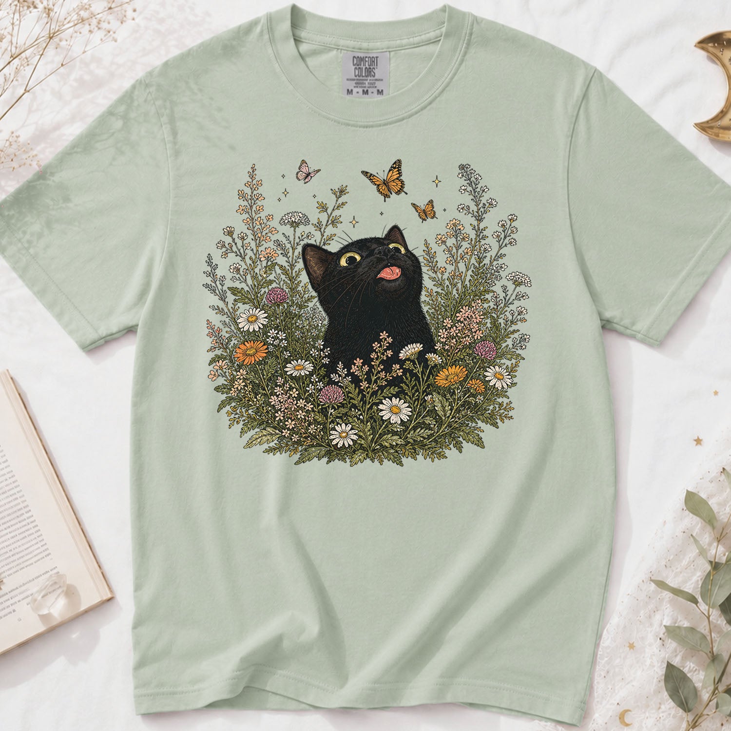 Funny Black Cat Butterfly Wildflower T-Shirt