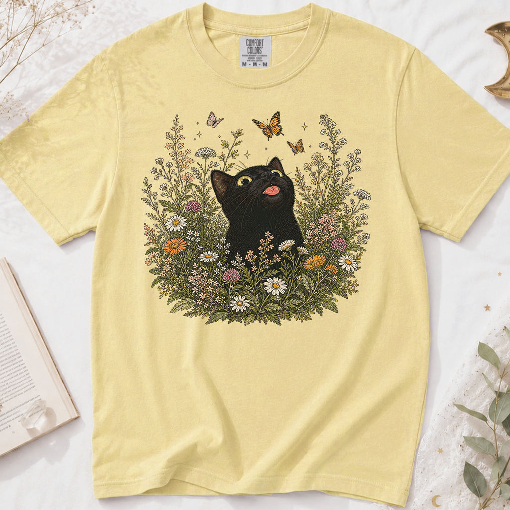 Funny Black Cat Butterfly Wildflower T-Shirt
