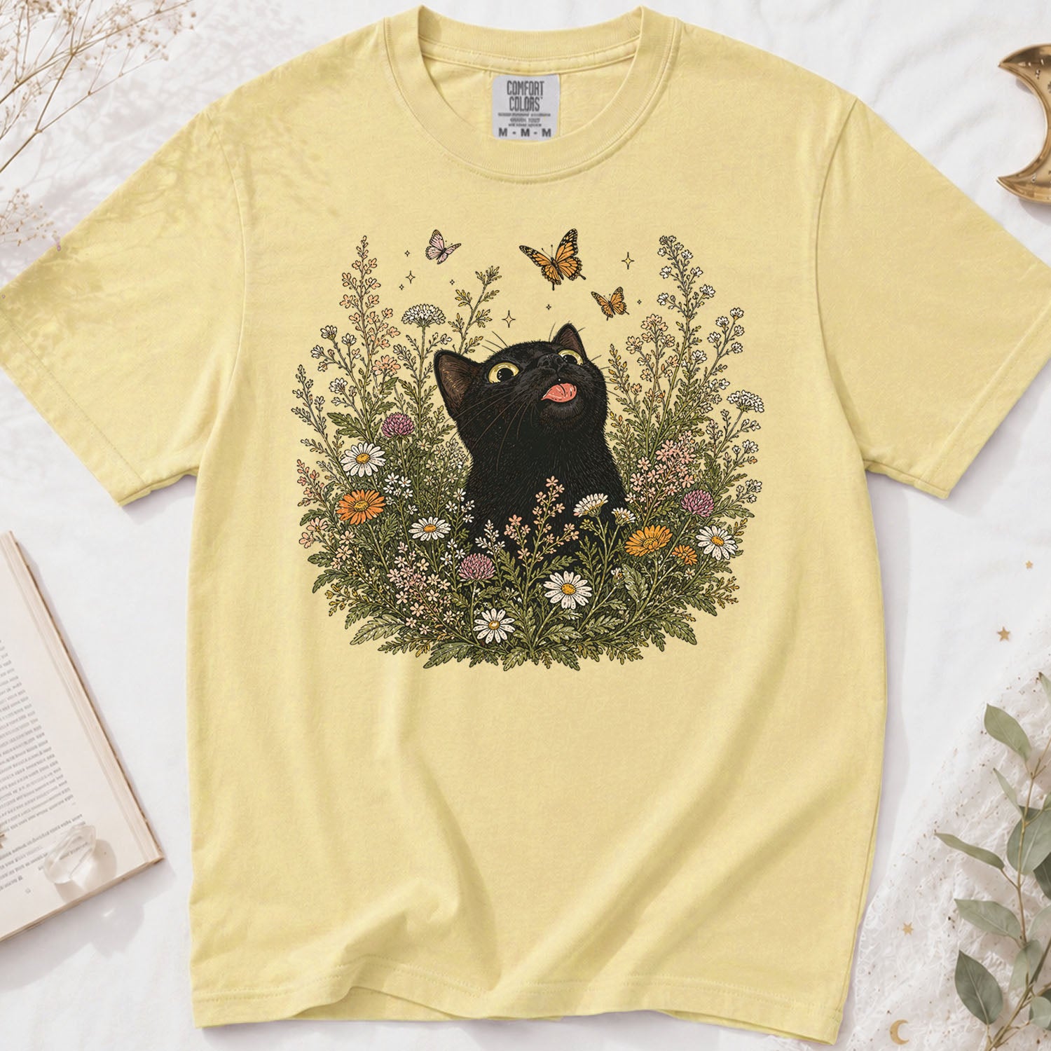Funny Black Cat Butterfly Wildflower T-Shirt