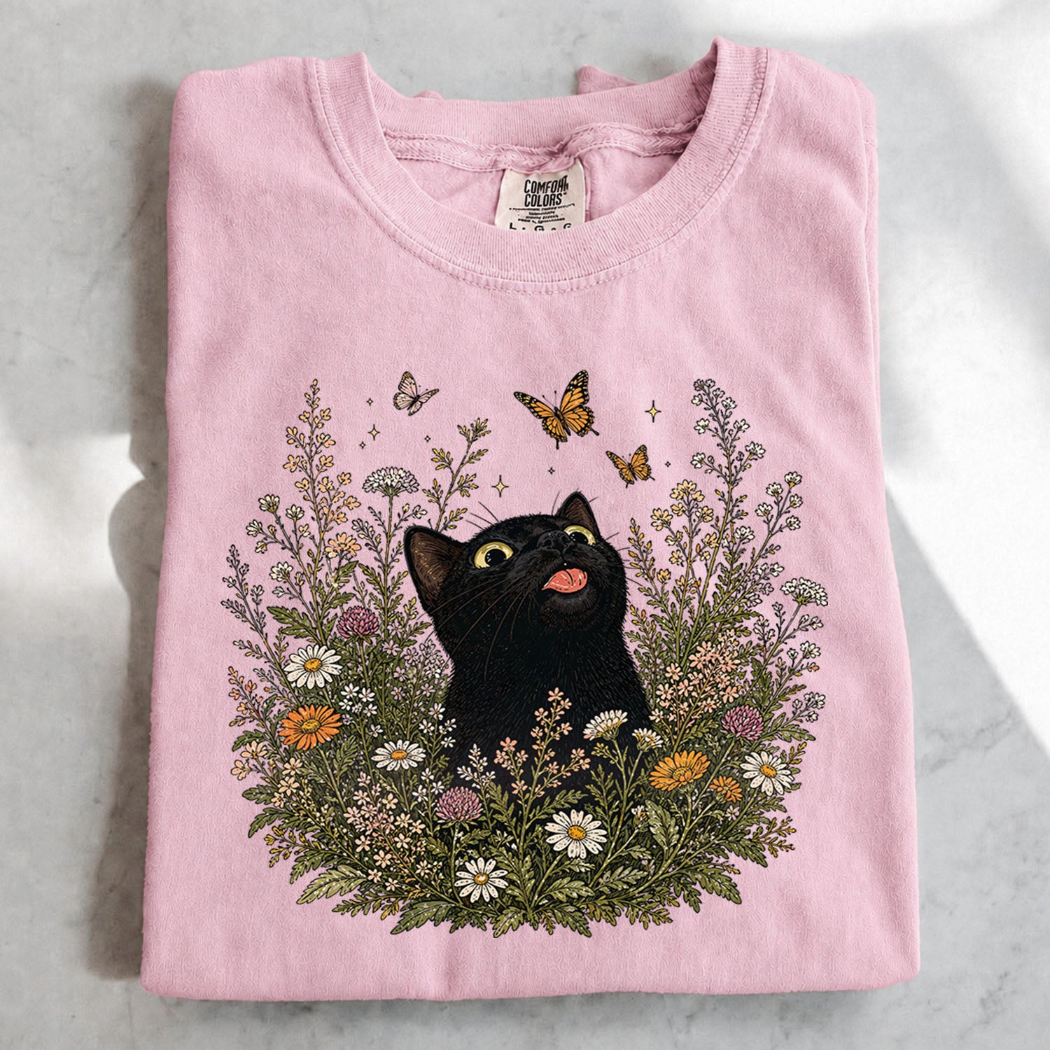 Funny Black Cat Butterfly Wildflower T-Shirt