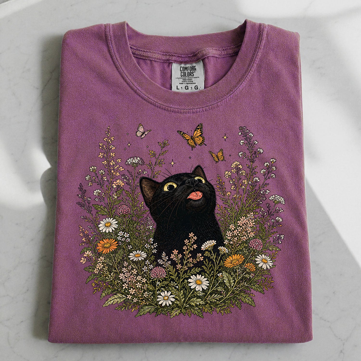 Funny Black Cat Butterfly Wildflower T-Shirt