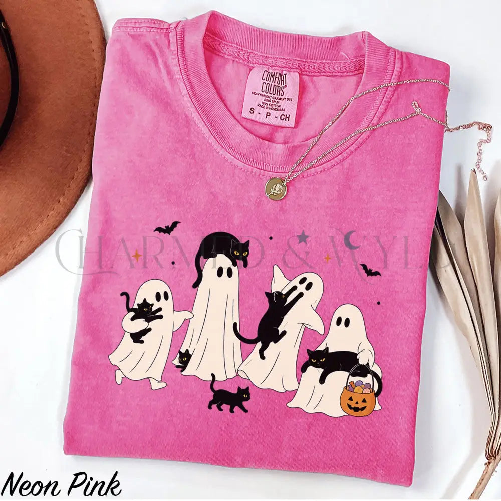 Ghost Cat Comfort Colors T-Shirt - Neon Pink / S - T-Shirt