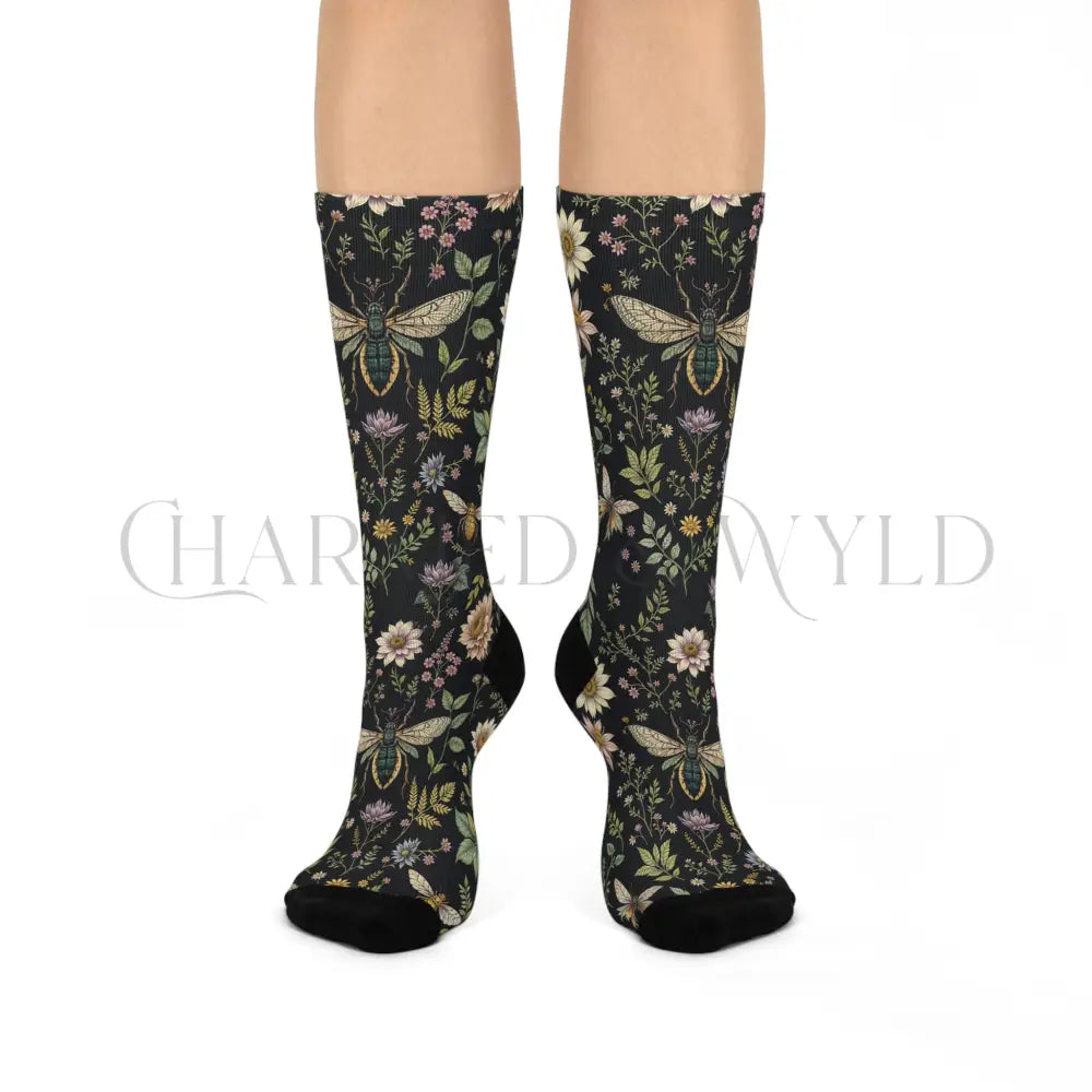 Green Wildflower Socks - One size / 3/4 Crew - All Over Prints