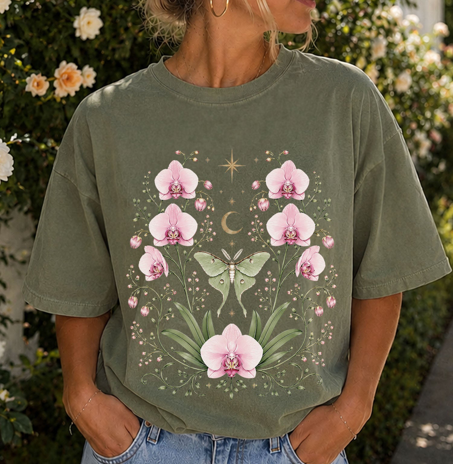 Moonlit Pink Orchid Flower T-Shirt