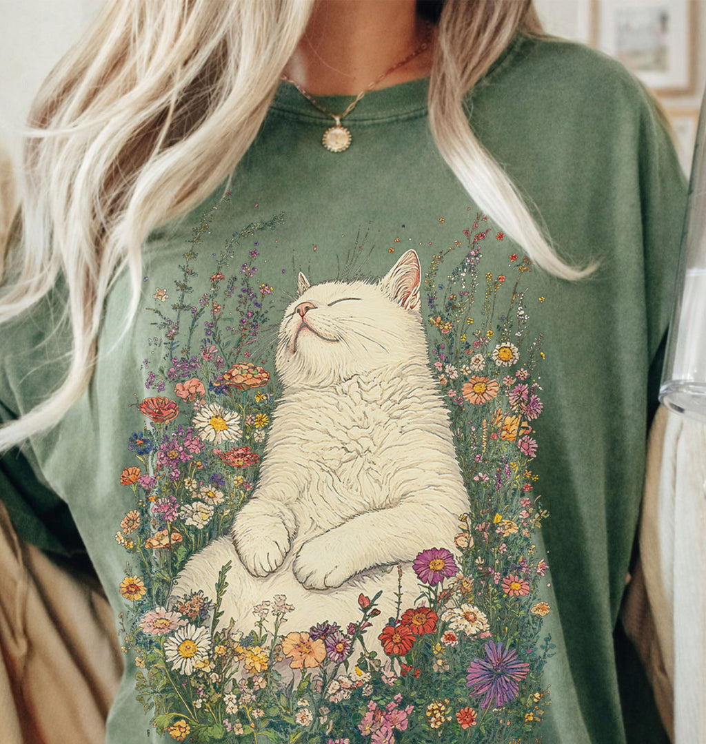 Sleeping Cat Flower T-shirt