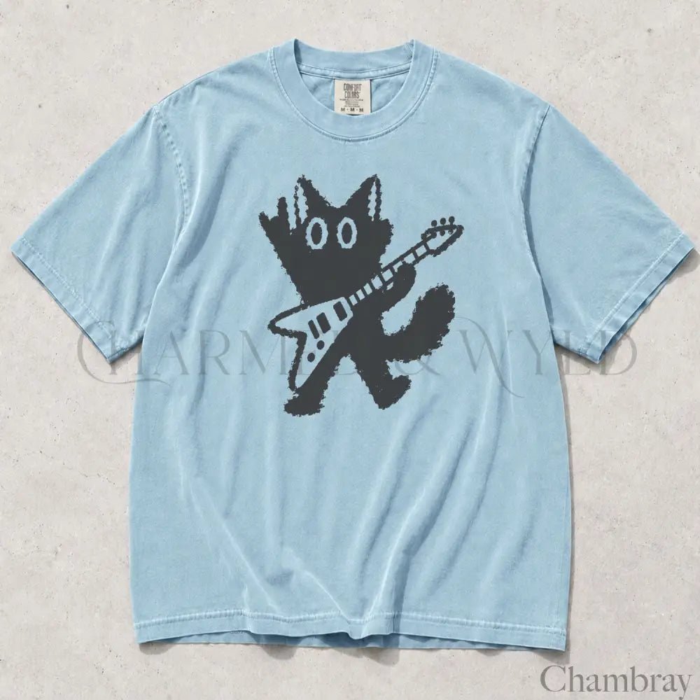 Guitar Rockstar Cat Comfort Colors T-Shirt - Chambray / S - T-Shirt