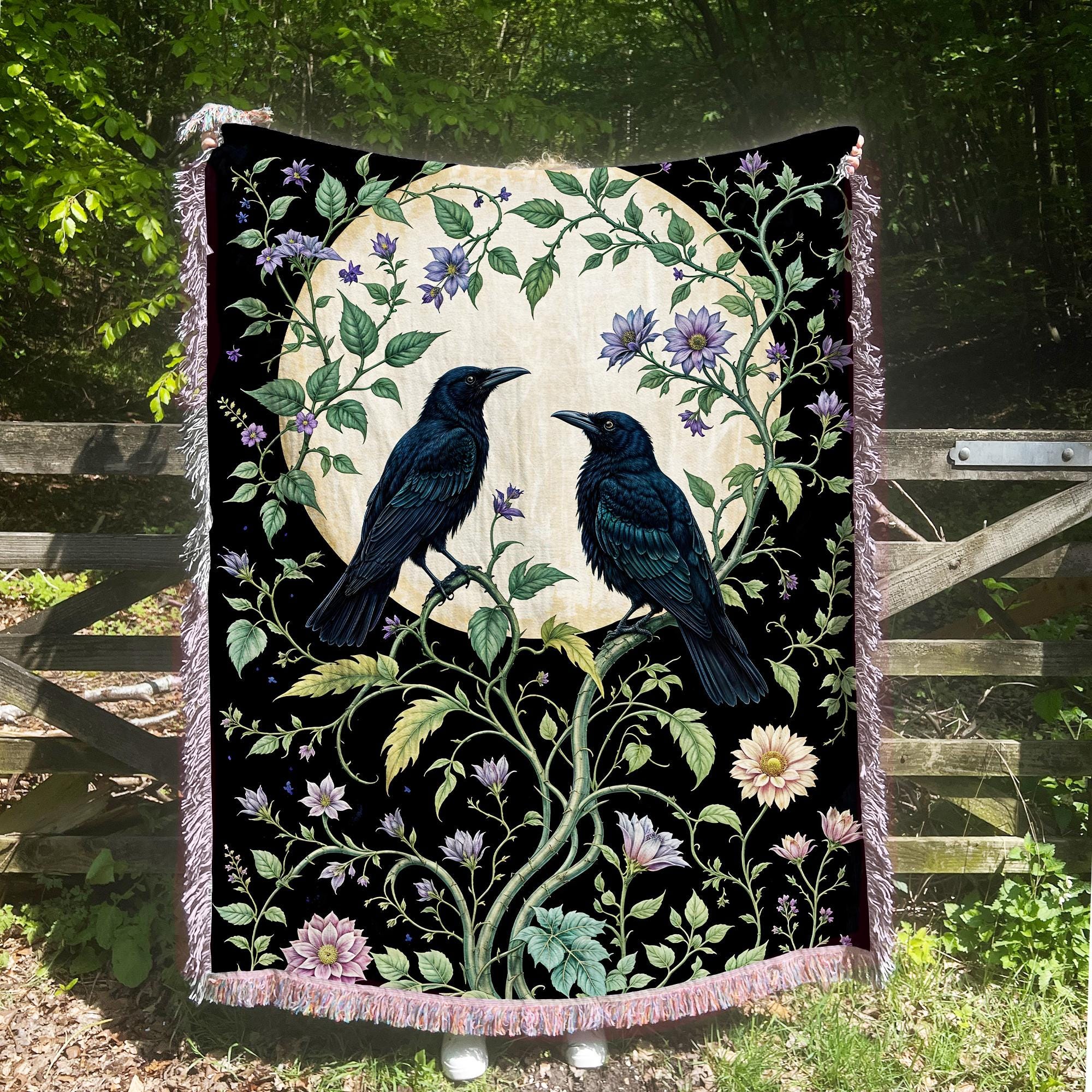 Black Raven Moon Fringe Throw Blanket, Gothic Witchy Fringe Picnic Blanket, Cottagecore Woven Soft Flannel Throw, Bedroom Lounge Home Decor