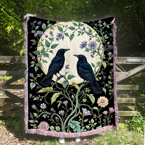 Black Raven Moon Fringe Throw Blanket, Gothic Witchy Fringe Picnic Blanket, Cottagecore Woven Soft Flannel Throw, Bedroom Lounge Home Decor