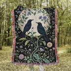Black Raven Moon Fringe Throw Blanket, Gothic Witchy Fringe Picnic Blanket, Cottagecore Woven Soft Flannel Throw, Bedroom Lounge Home Decor