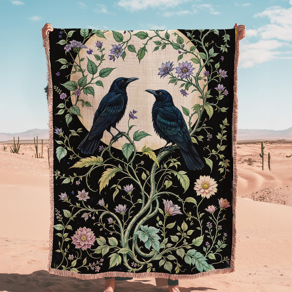 Black Raven Moon Fringe Throw Blanket, Gothic Witchy Fringe Picnic Blanket, Cottagecore Woven Soft Flannel Throw, Bedroom Lounge Home Decor