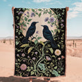 Black Raven Moon Fringe Throw Blanket, Gothic Witchy Fringe Picnic Blanket, Cottagecore Woven Soft Flannel Throw, Bedroom Lounge Home Decor