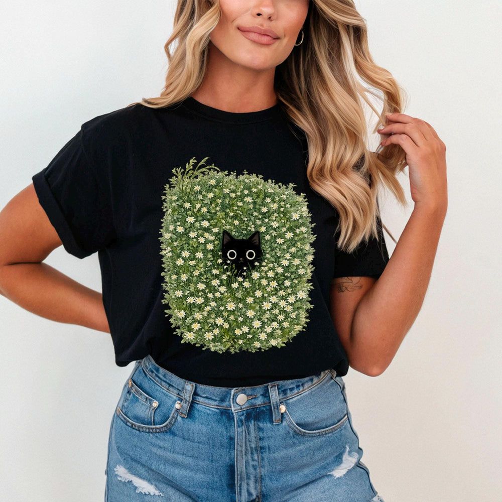 Black Cat Amongst Wildflowers Daisy T-Shirt