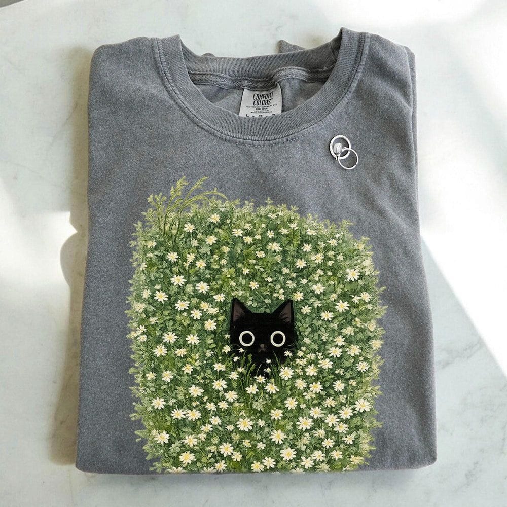 Black Cat Amongst Wildflowers Daisy T-Shirt - Charmed and Wyld