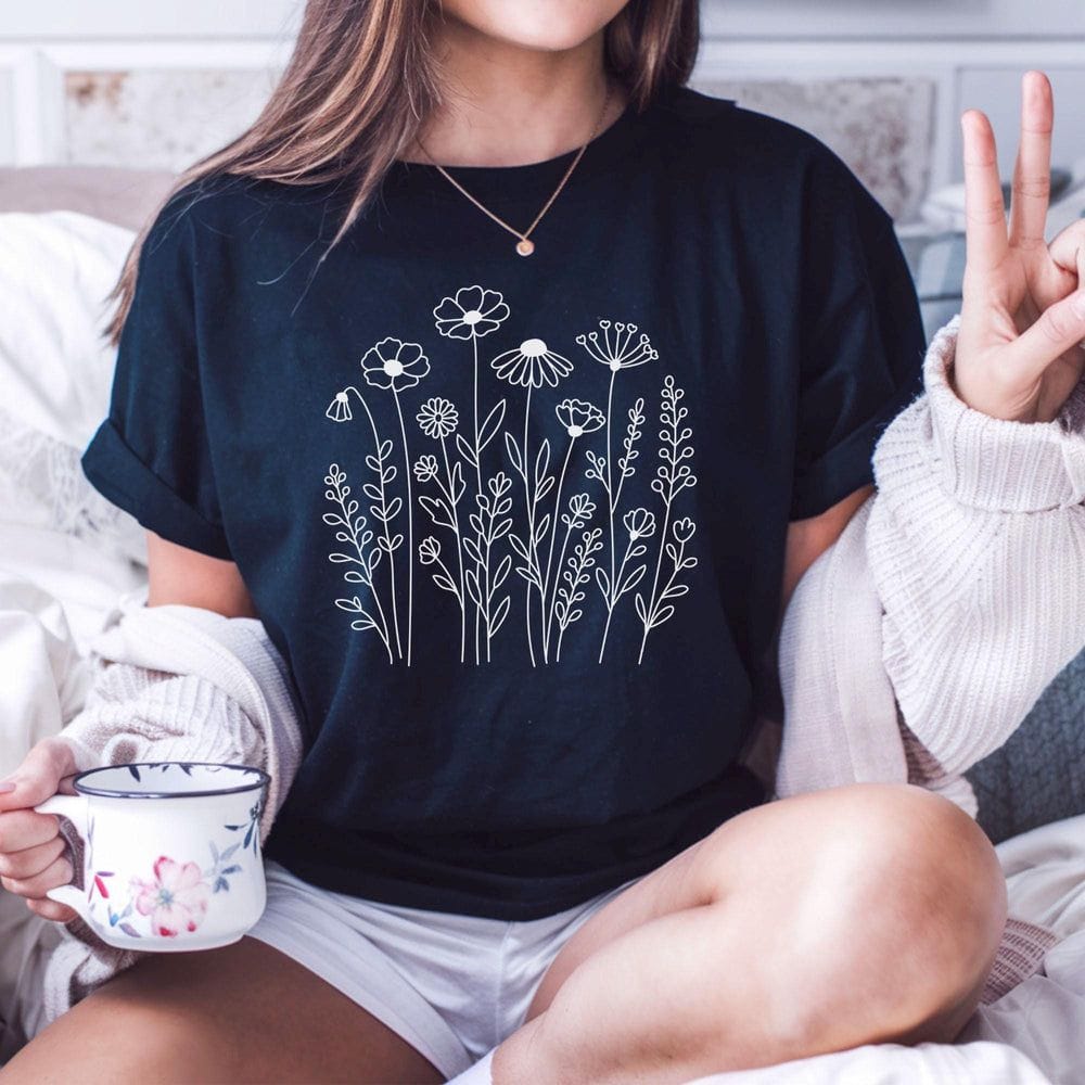 Minimal Wildflower Line Art T-Shirt - Charmed and Wyld