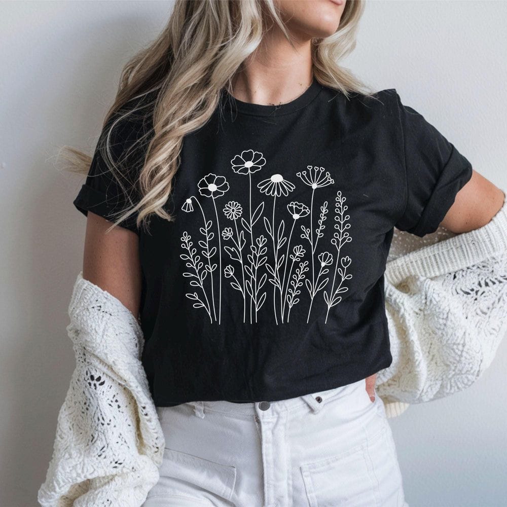 Minimal Wildflower Line Art T-Shirt - Charmed and Wyld