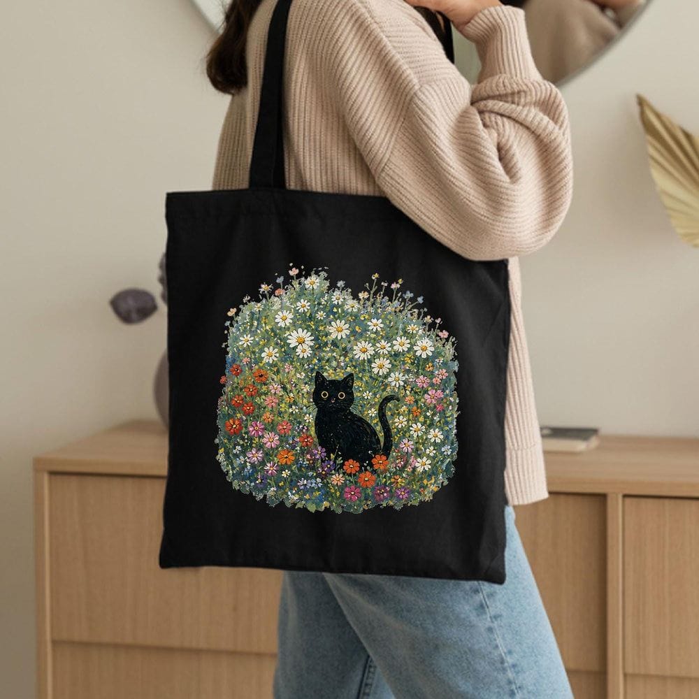 Black Cat Floral Cotton Tote Bag - Charmed and Wyld