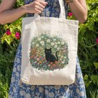 Black Cat Floral Cotton Tote Bag - Charmed and Wyld