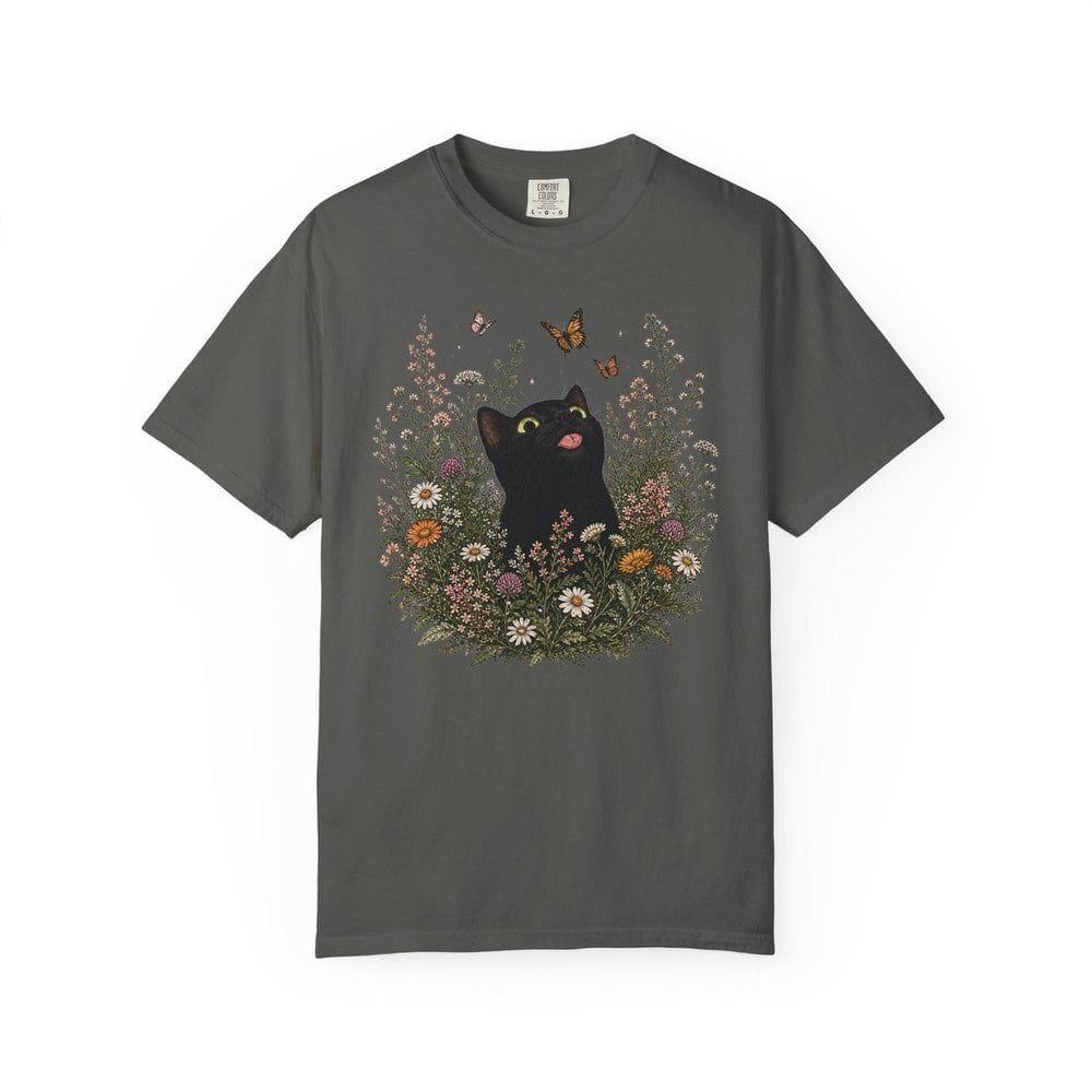 Funny Black Cat Butterfly Wildflower T-Shirt - Charmed and Wyld