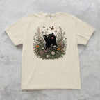 Funny Black Cat Butterfly Wildflower T-Shirt - Charmed and Wyld