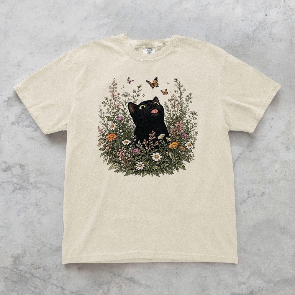Funny Black Cat Butterfly Wildflower T-Shirt - Charmed and Wyld