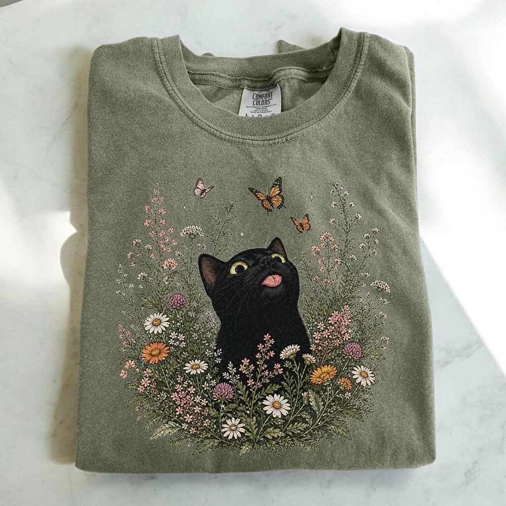 Funny Black Cat Butterfly Wildflower T-Shirt