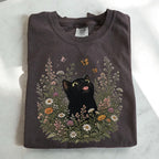 Funny Black Cat Butterfly Wildflower T-Shirt - Charmed and Wyld