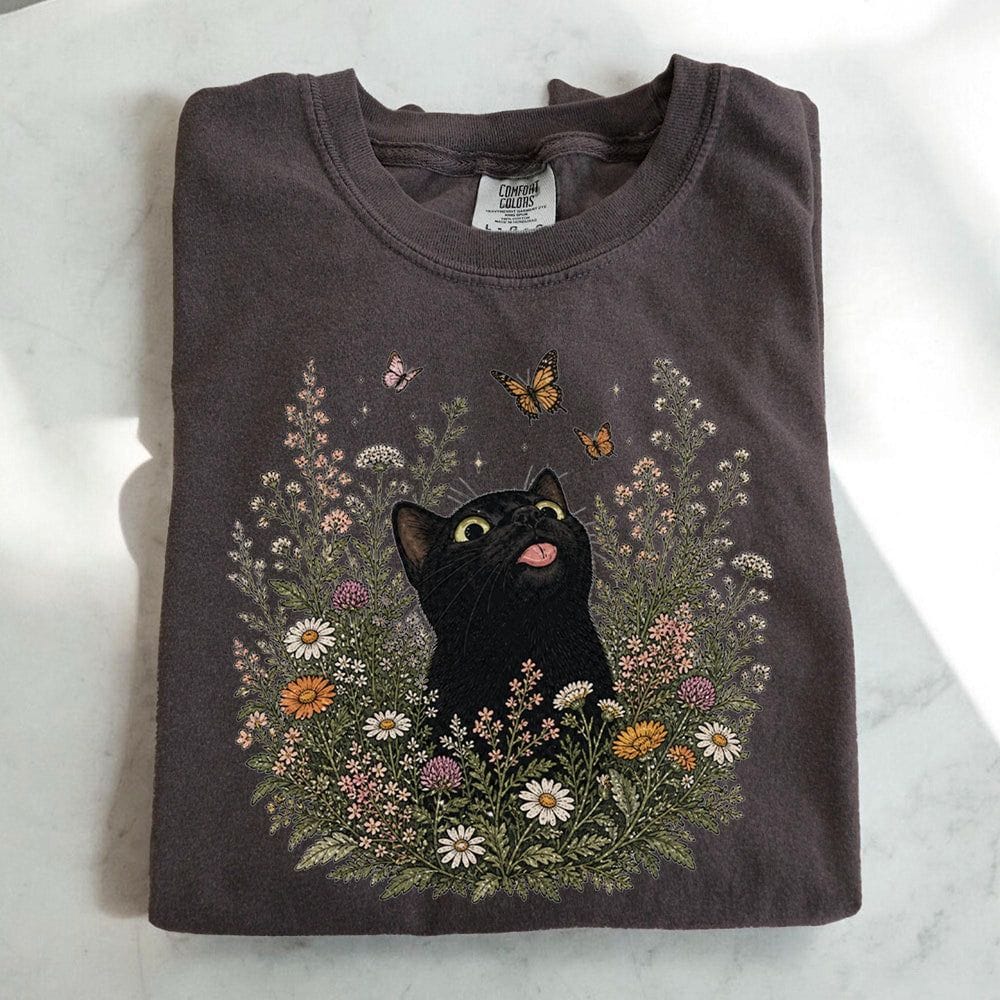 Funny Black Cat Butterfly Wildflower T-Shirt - Charmed and Wyld