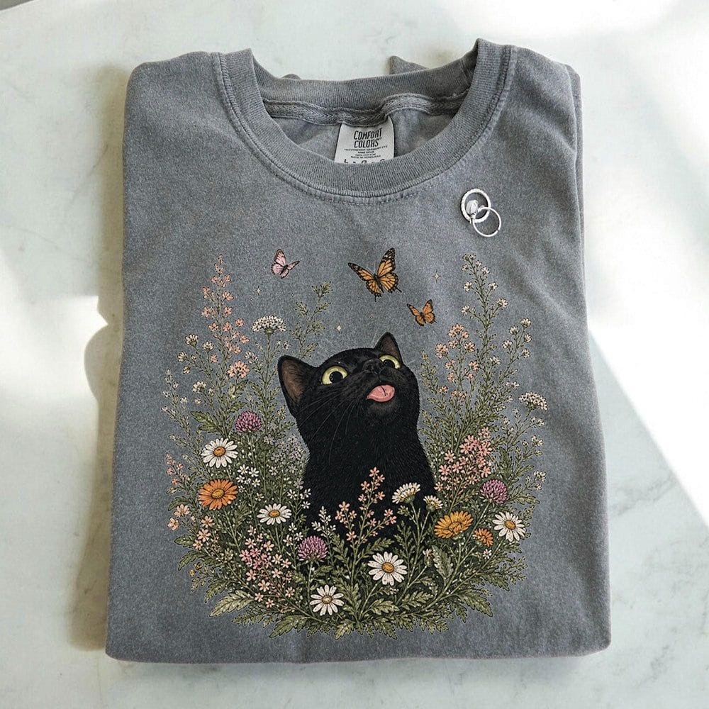 Funny Black Cat Butterfly Wildflower T-Shirt - Charmed and Wyld