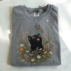 Funny Black Cat Butterfly Wildflower T-Shirt - Charmed and Wyld