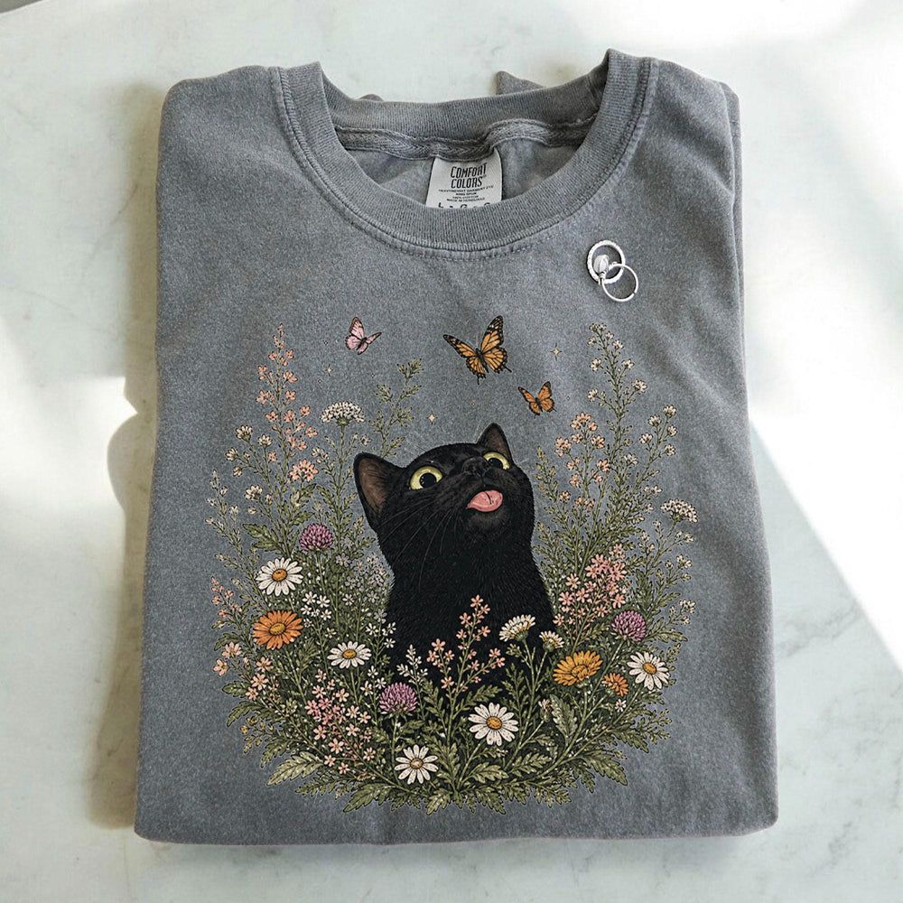 Funny Black Cat Butterfly Wildflower T-Shirt