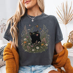 Funny Black Cat Butterfly Wildflower T-Shirt - Charmed and Wyld