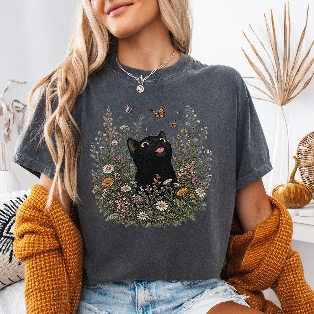Funny Black Cat Butterfly Wildflower T-Shirt - Charmed and Wyld