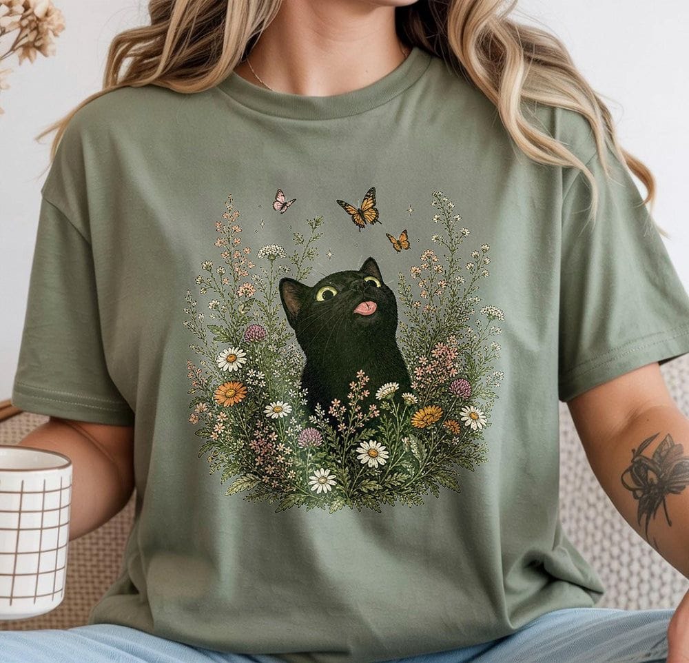 Funny Black Cat Butterfly Wildflower T-Shirt - Charmed and Wyld