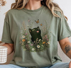 Funny Black Cat Butterfly Wildflower T-Shirt - Charmed and Wyld