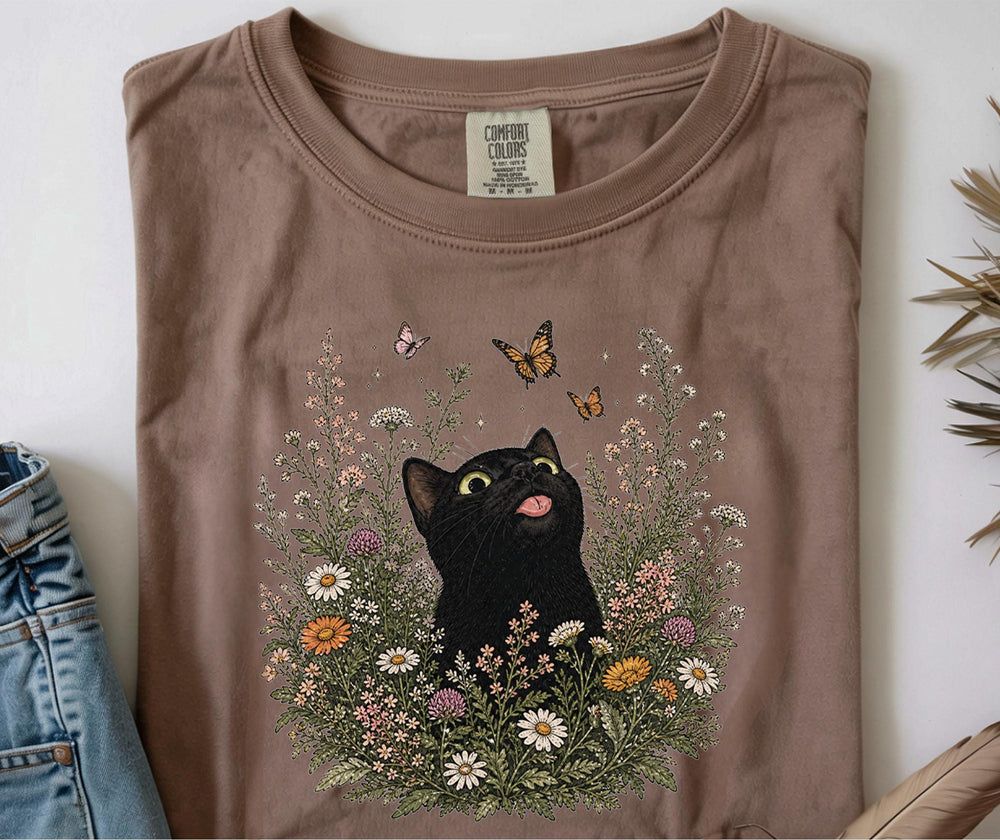 Funny Black Cat Butterfly Wildflower T-Shirt