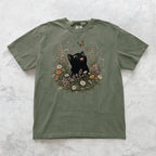 Funny Black Cat Butterfly Wildflower T-Shirt - Charmed and Wyld