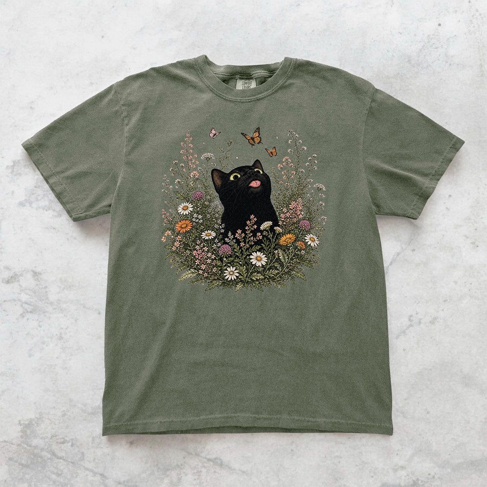 Funny Black Cat Butterfly Wildflower T-Shirt