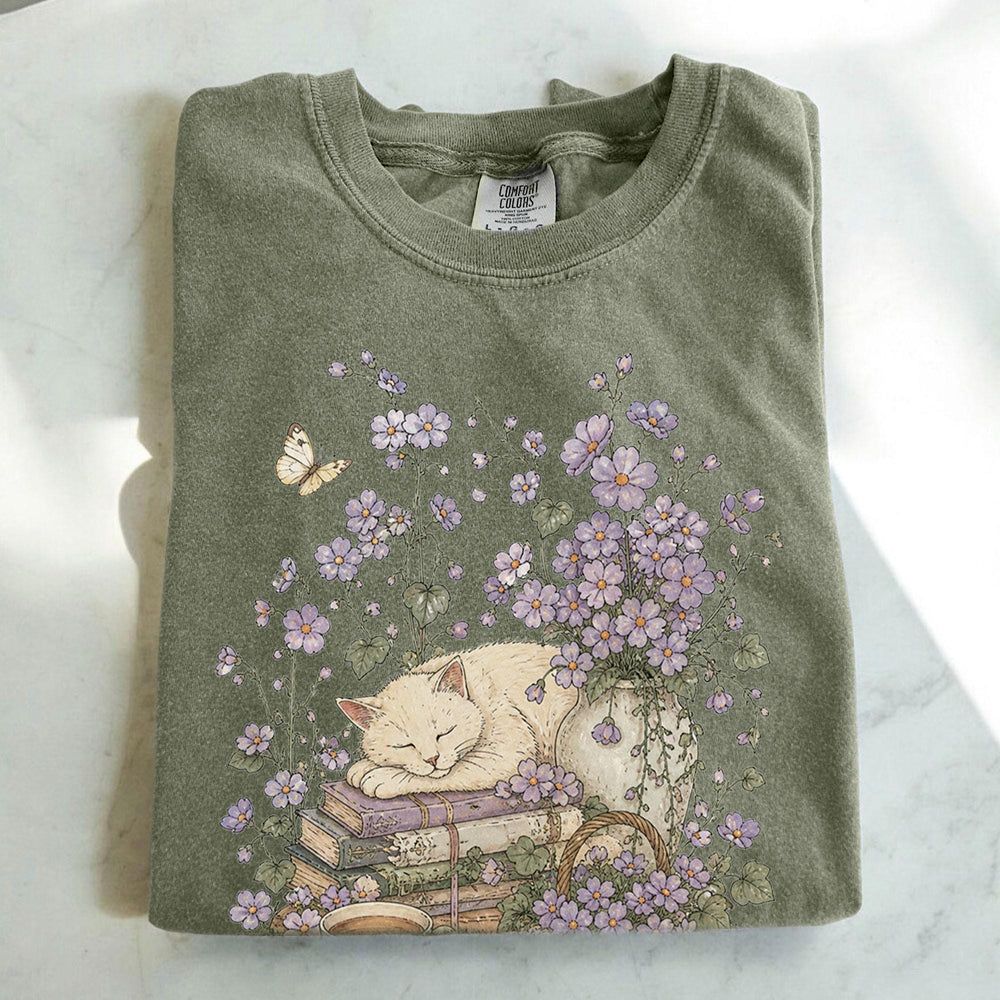 Sleeping Cat Purple Wildflower T-Shirt