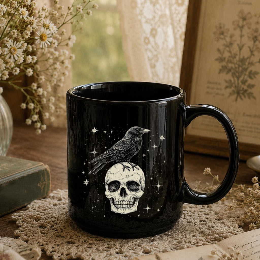 Raven Skull Black Ceramic Mug