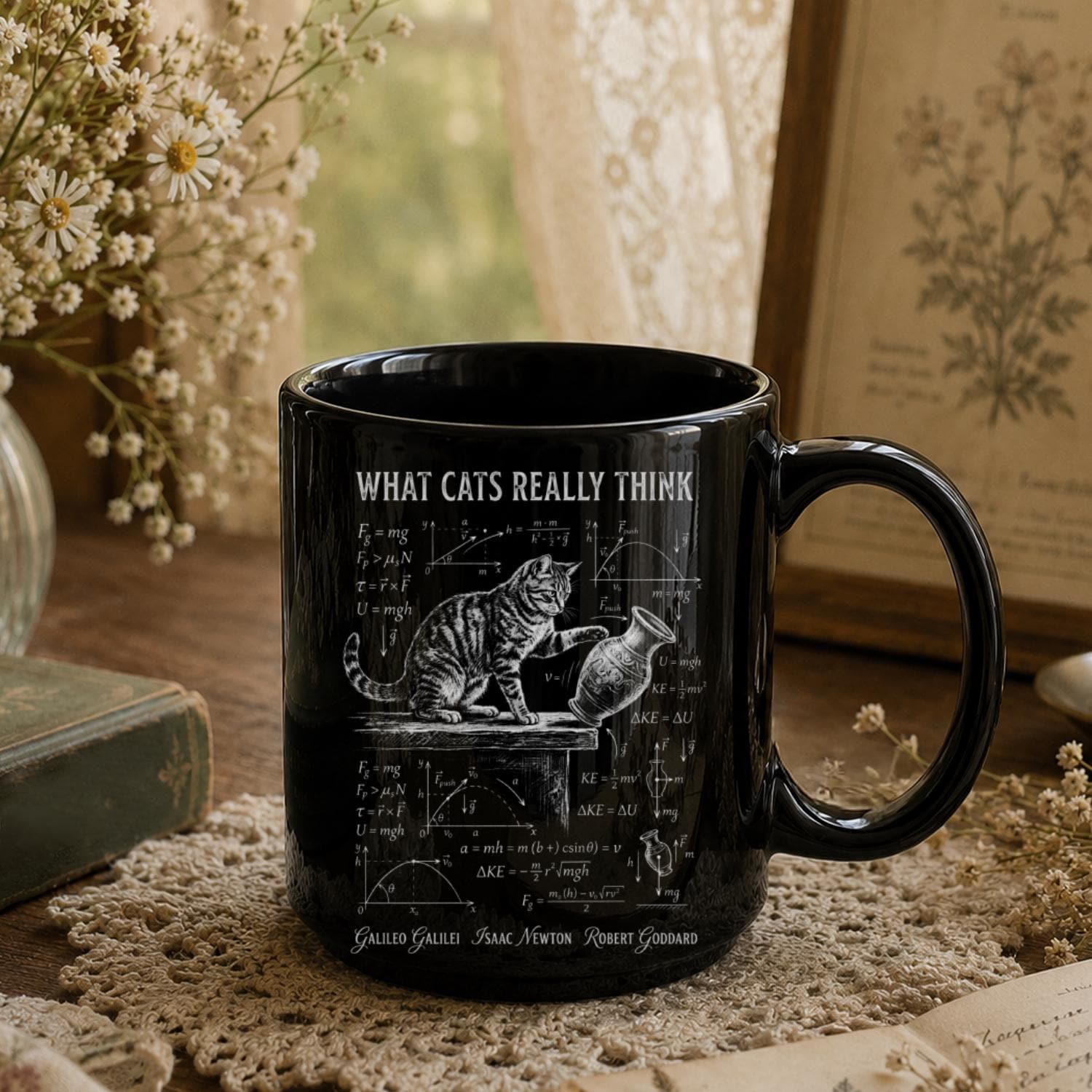 Funny Cat Science Black Ceramic Mug