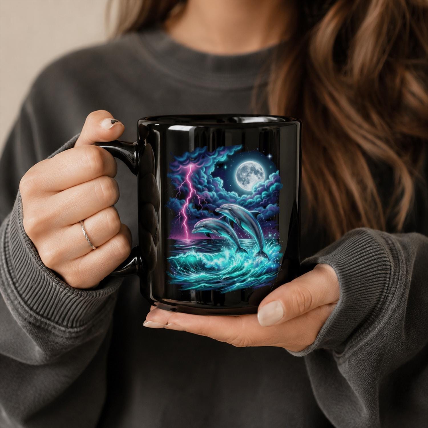 Moonlit Dolphin Black Ceramic Mug