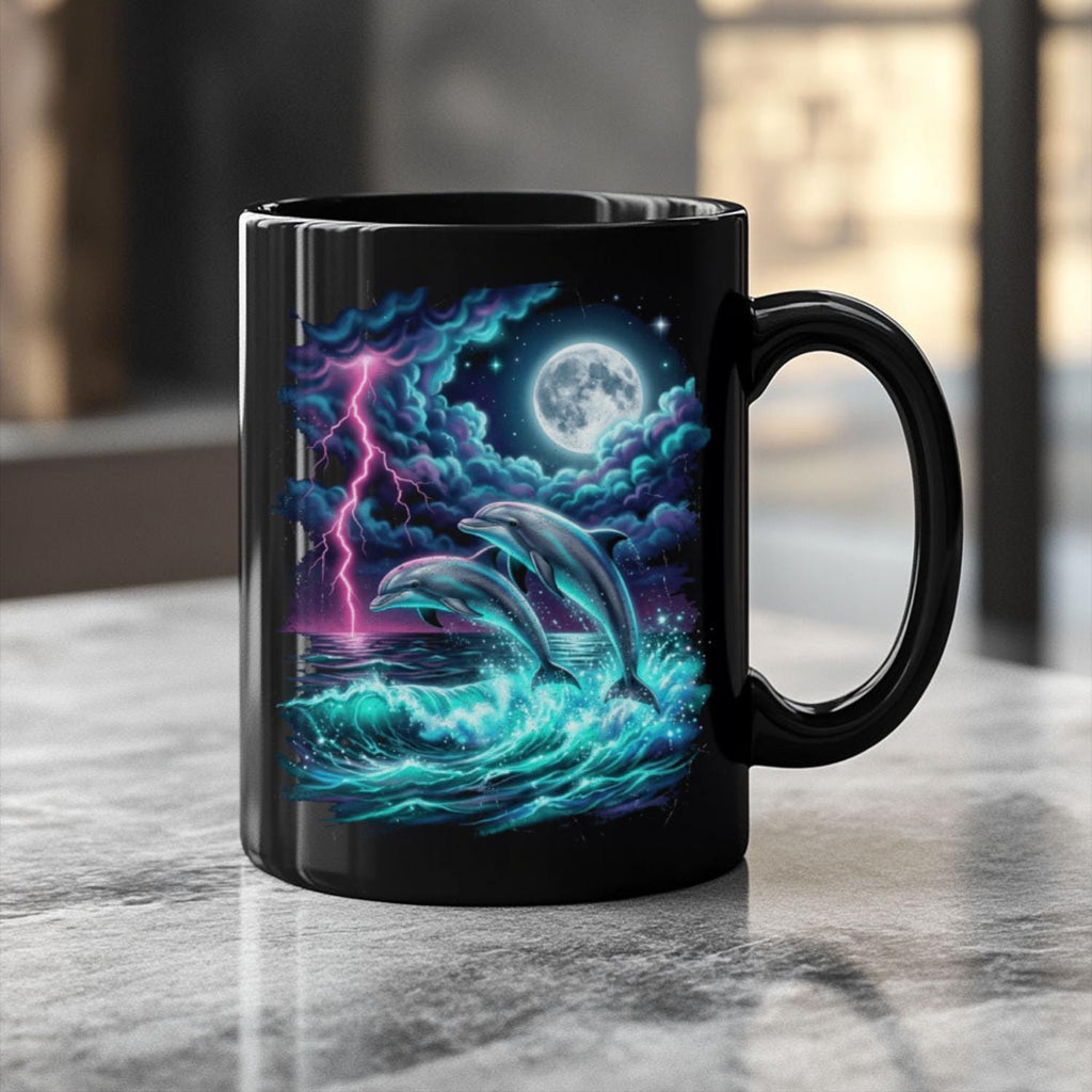 Moonlit Dolphin Black Ceramic Mug