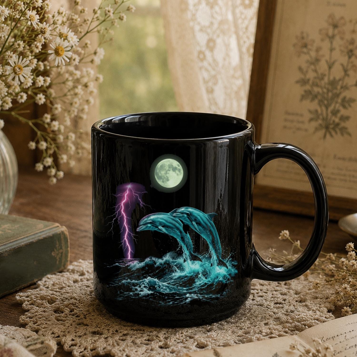 Dolphin Black Ceramic Mug