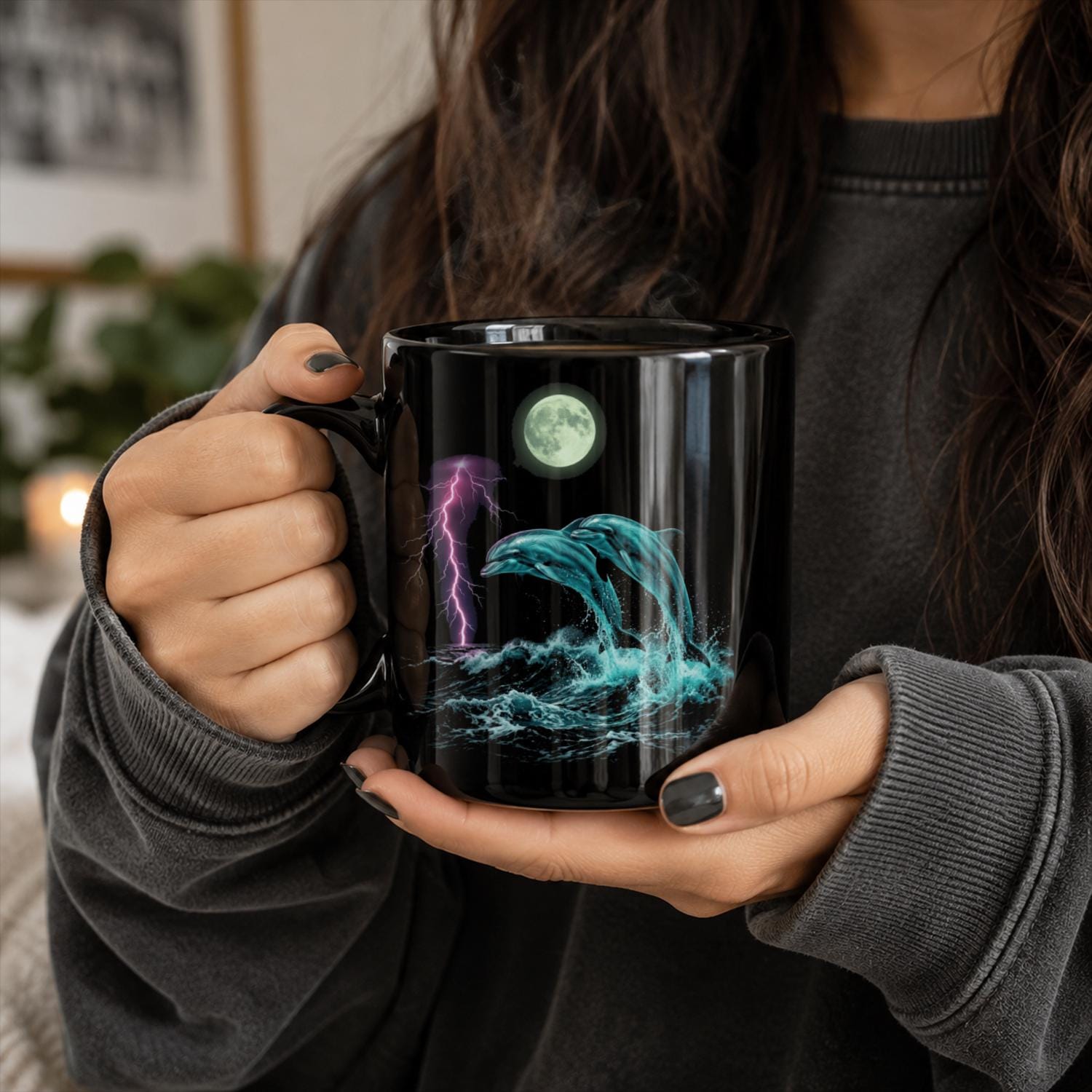 Dolphin Black Ceramic Mug