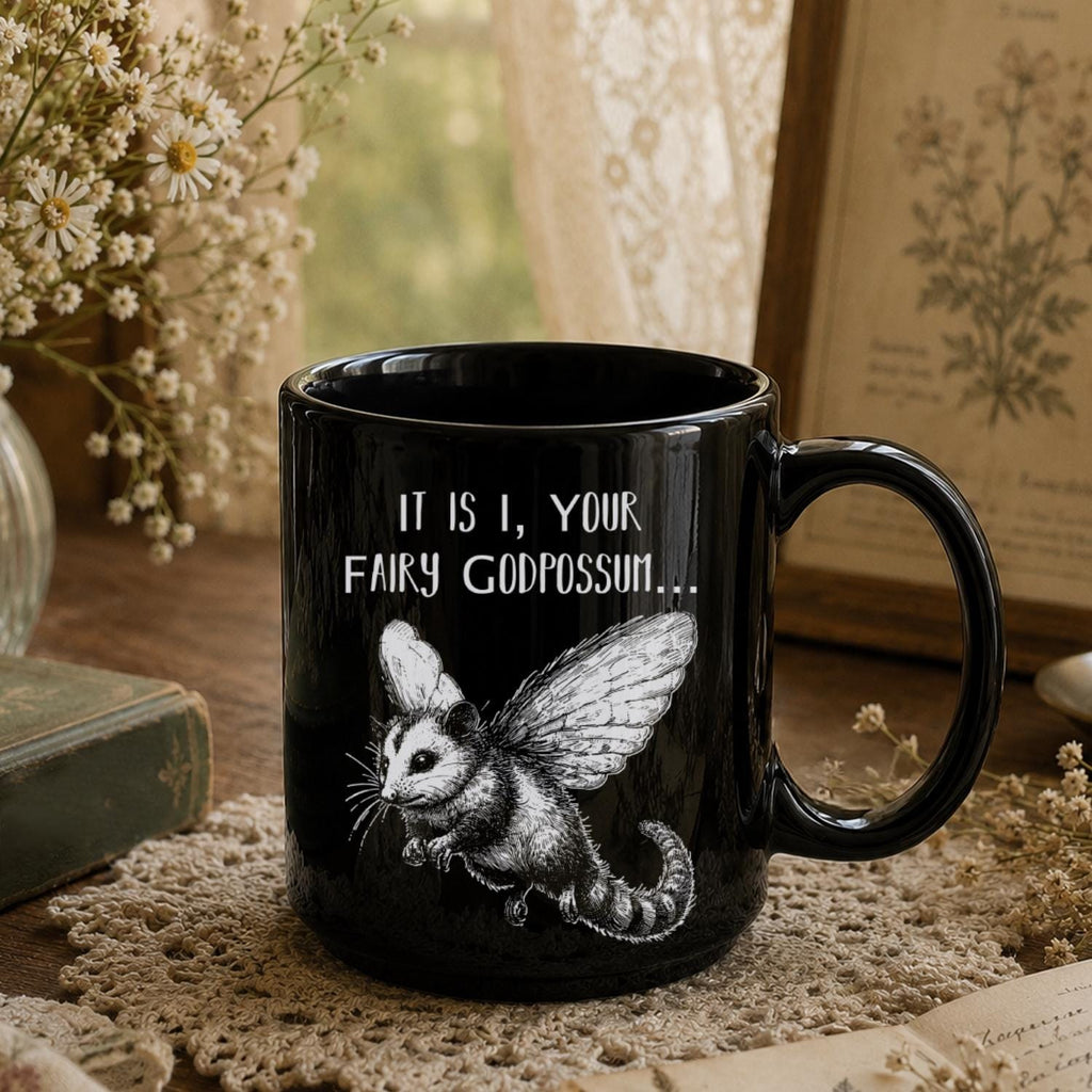 Fairy Godpossum Black Ceramic Mug
